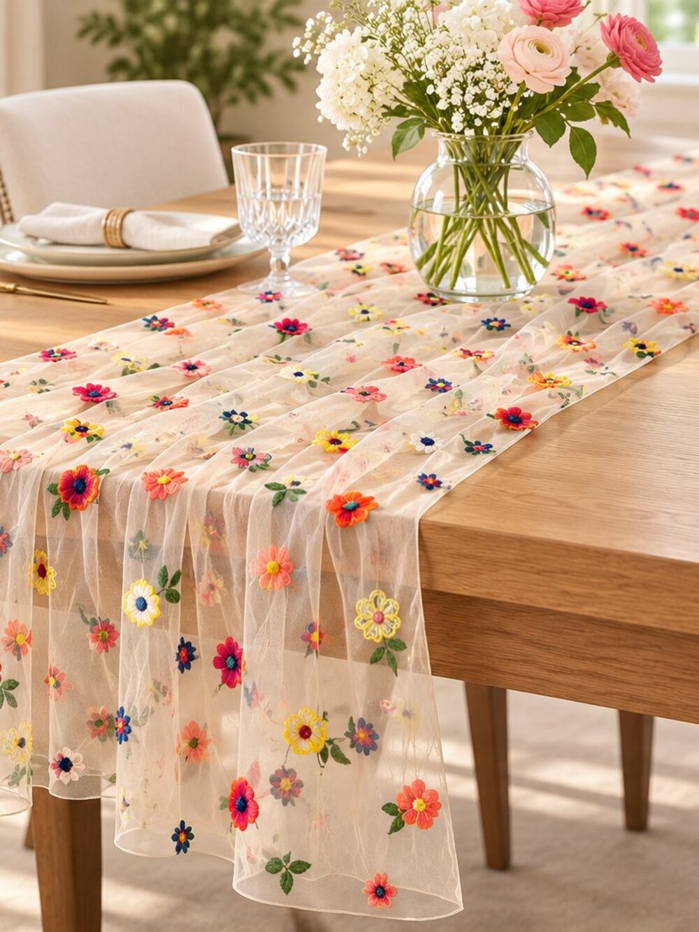 Embroidered Floral Tulle Table Runner 17x124 Off White